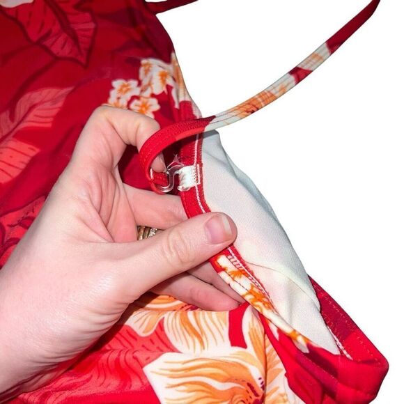 VINTAGE JANTZEN Halter Removable Strap Red Floral One Piece Bathing Suit Size 16 - Picture 6 of 8
